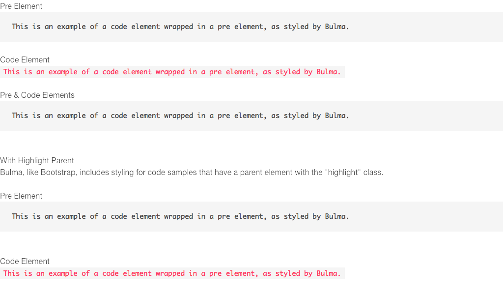 Code sample style in the Bulma library